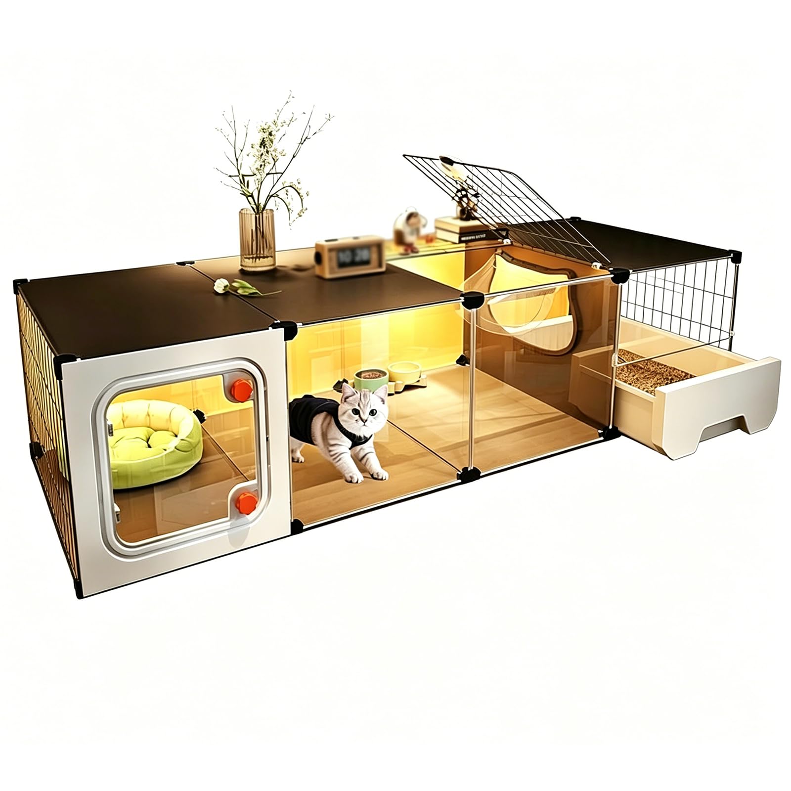 Cat House Indoor Large Cat Cage with Cats Toilet,Outdoor Cat Cages Indoor Cats Bed with Litter Box, Litter Scoop,Cat Bed,Cat Bowl,Easy Installation (F-141x36x36cm)