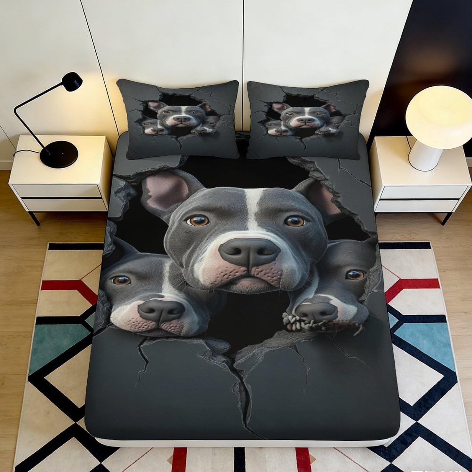3D Printed Dog Face Fitted Sheet Microfiber Soft Durable 3D Printed Pitbull Mattress Cover for Bedroom Dormitory Guest Room Mattress Protection Decor 200x200x25cm