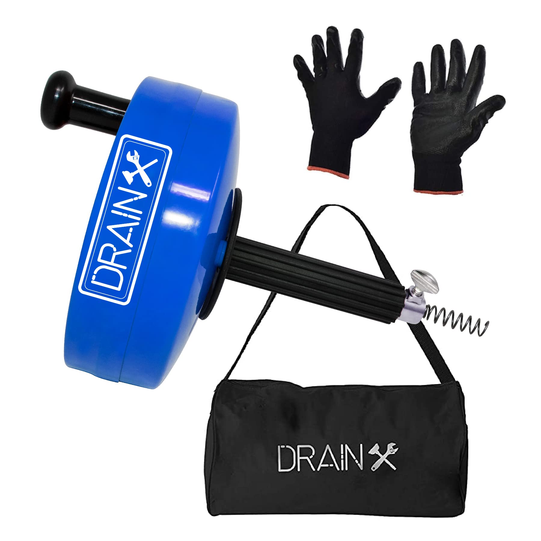 DrainX Pro Steel Drum Auger Plumbing Snake | Heavy Duty 35-Ft Drain Cable with Work Gloves and Storage Bag