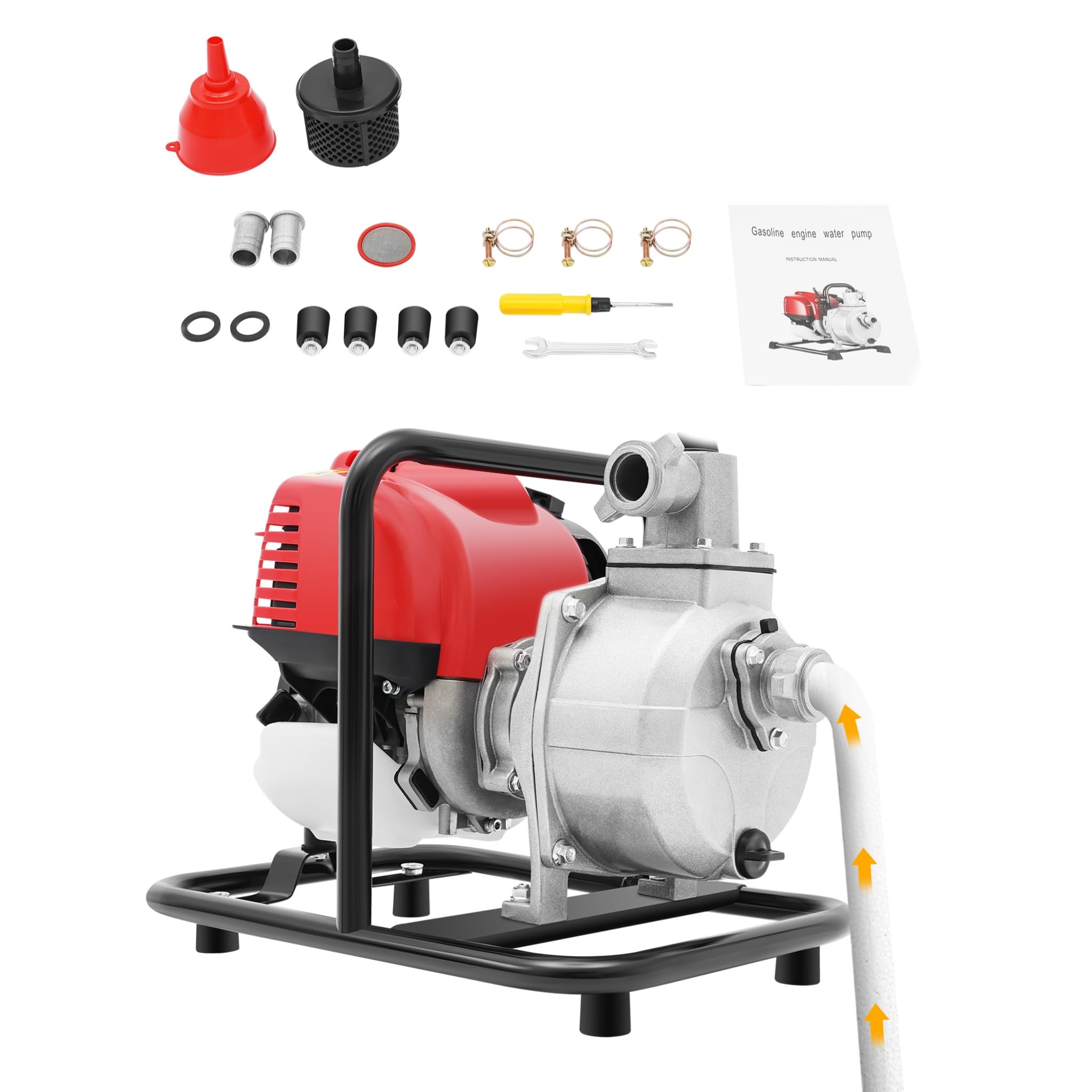 Motopompe Thermique 4 Temps, Pompe à Eau Thermique, Pompe à Eau à Essence Pour Piscine Et Bassin, Auto-AmorçAge, Hauteur De Refoulement 30m, 38 cm³