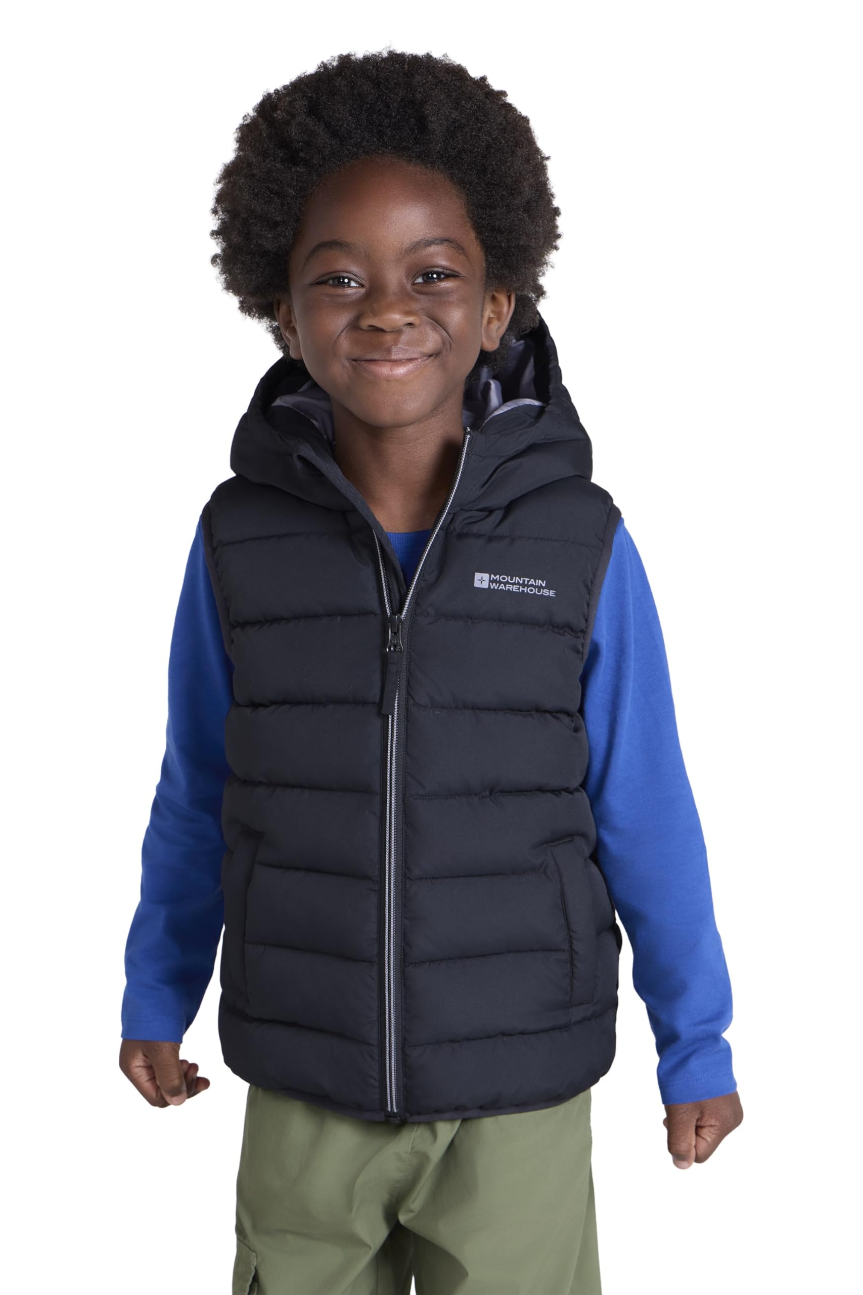 Mountain Warehouse Rocko Kids Water Resistant Hooded Padded Gilet Black Kids Size 5-6 Years