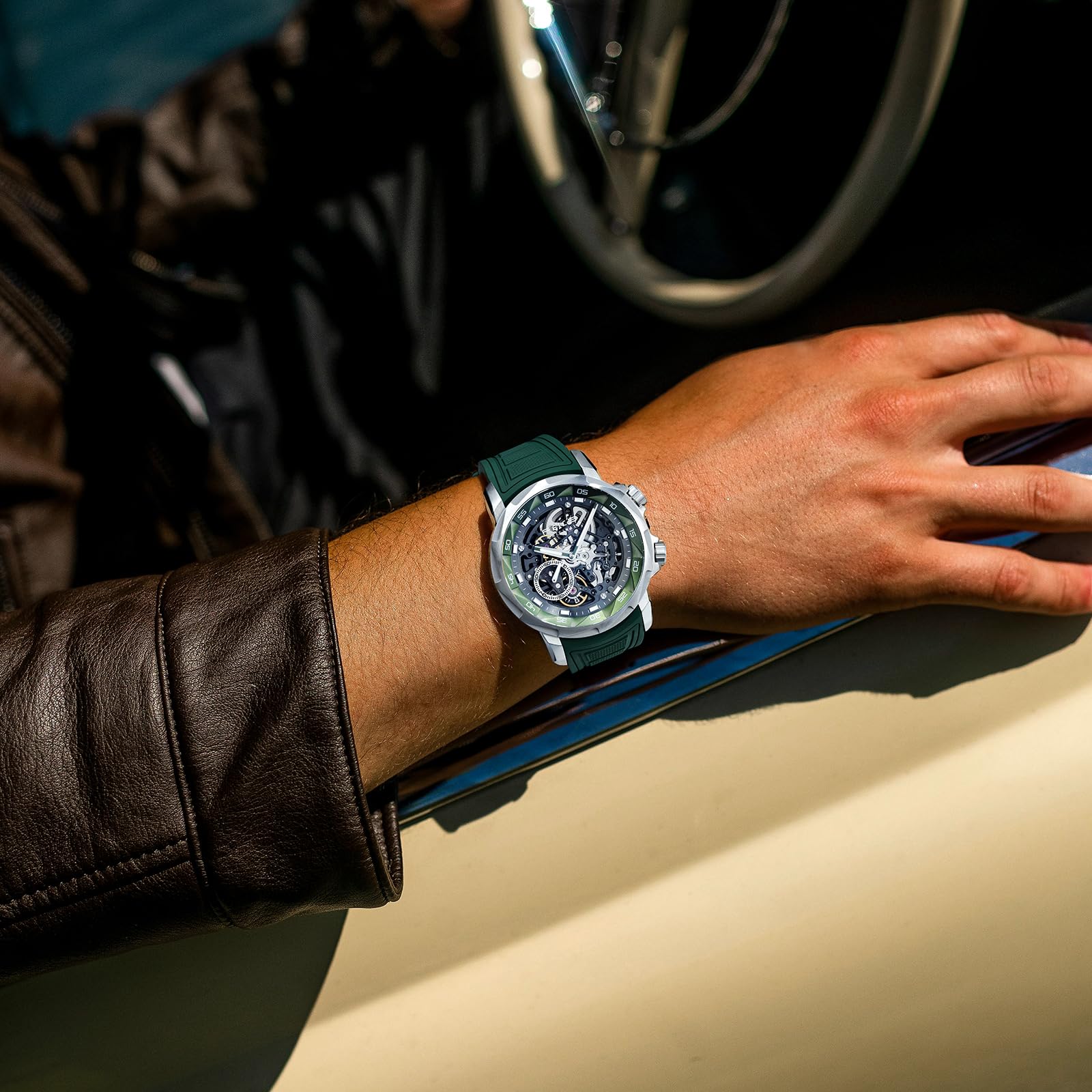 FEICE Orologio Automatico Uomo Orologio Scheletro Vetro Zaffiro con Cinturino Gomma Verde Acciaio Inossidabile Cassa 46mm FM511