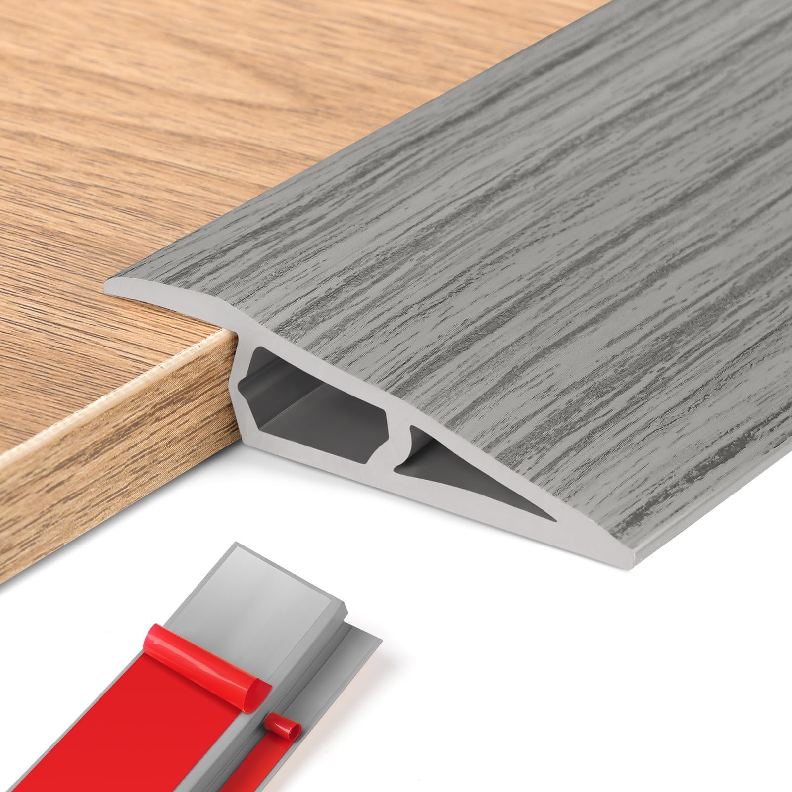 Perfil de Transición para Suelo, Perfil Transición Suelo Desnivel de, PVC Tapajuntas Suelo Adhesivo (Madera Gris, 15mm x 2m)