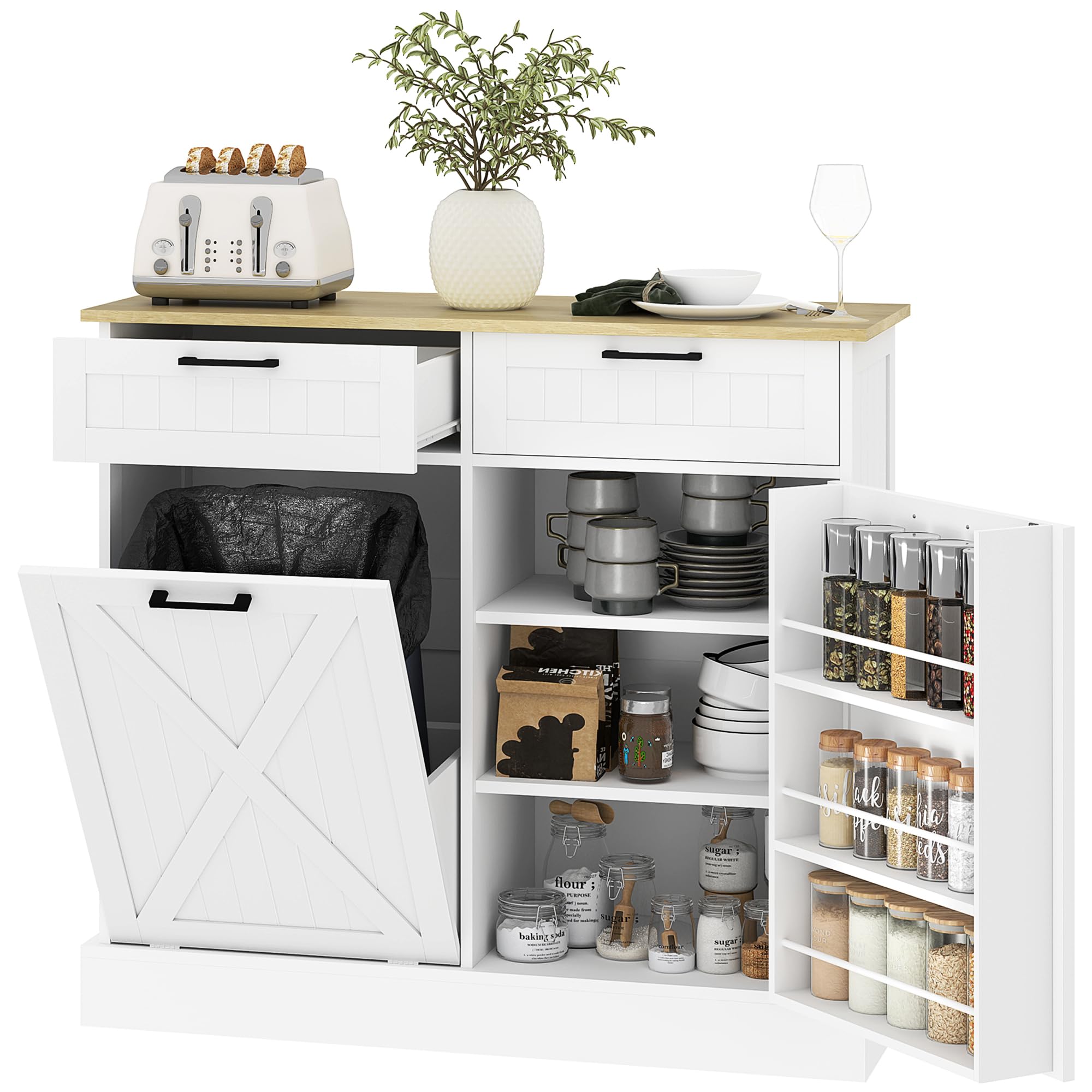 HOMCOM Buffet Cuisine avec Meuble Poubelle 38L, 100 x 36 x 90 cm, Blanc