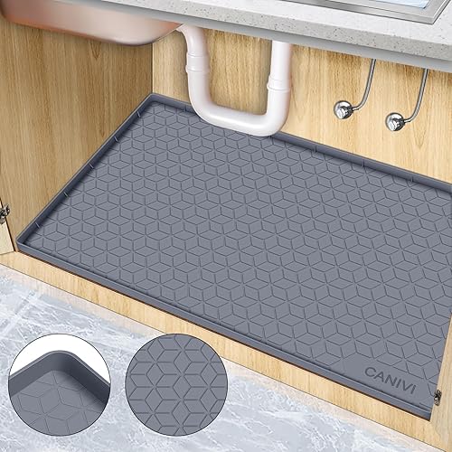 CANIVI Tapete para debajo del fregadero, 34 x 22 pulgadas, bandeja de silicona impermeable debajo del fregadero para armarios de cocina y