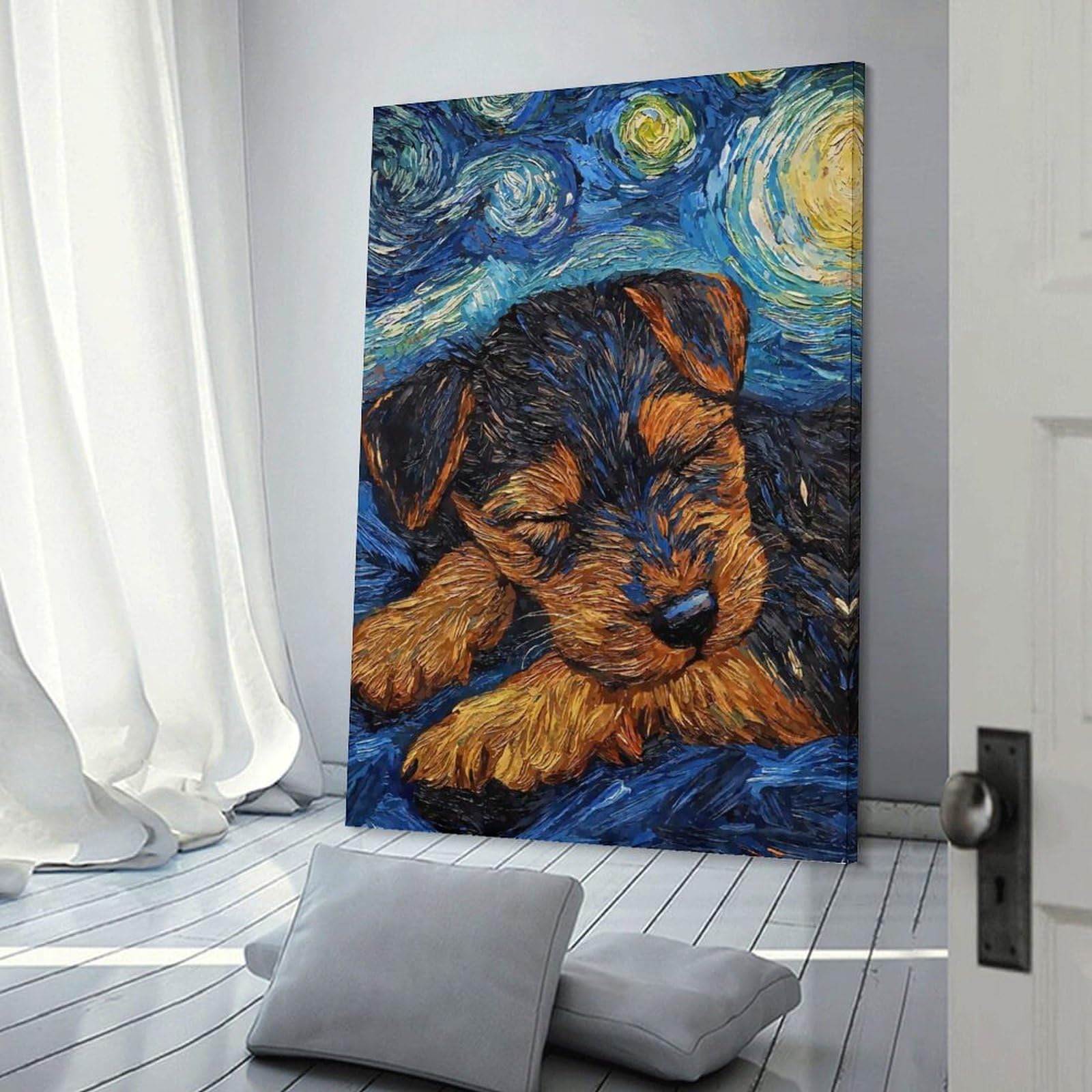 Junmoney Frame-Style-15 Decorative Wall Artwork Welsh Terrier Puppy Starry Night, 12X18inch(30X45cm), For Sofa Walls, Lounge Or Home Corners, Modern Wall Decor For Cosy Interiors