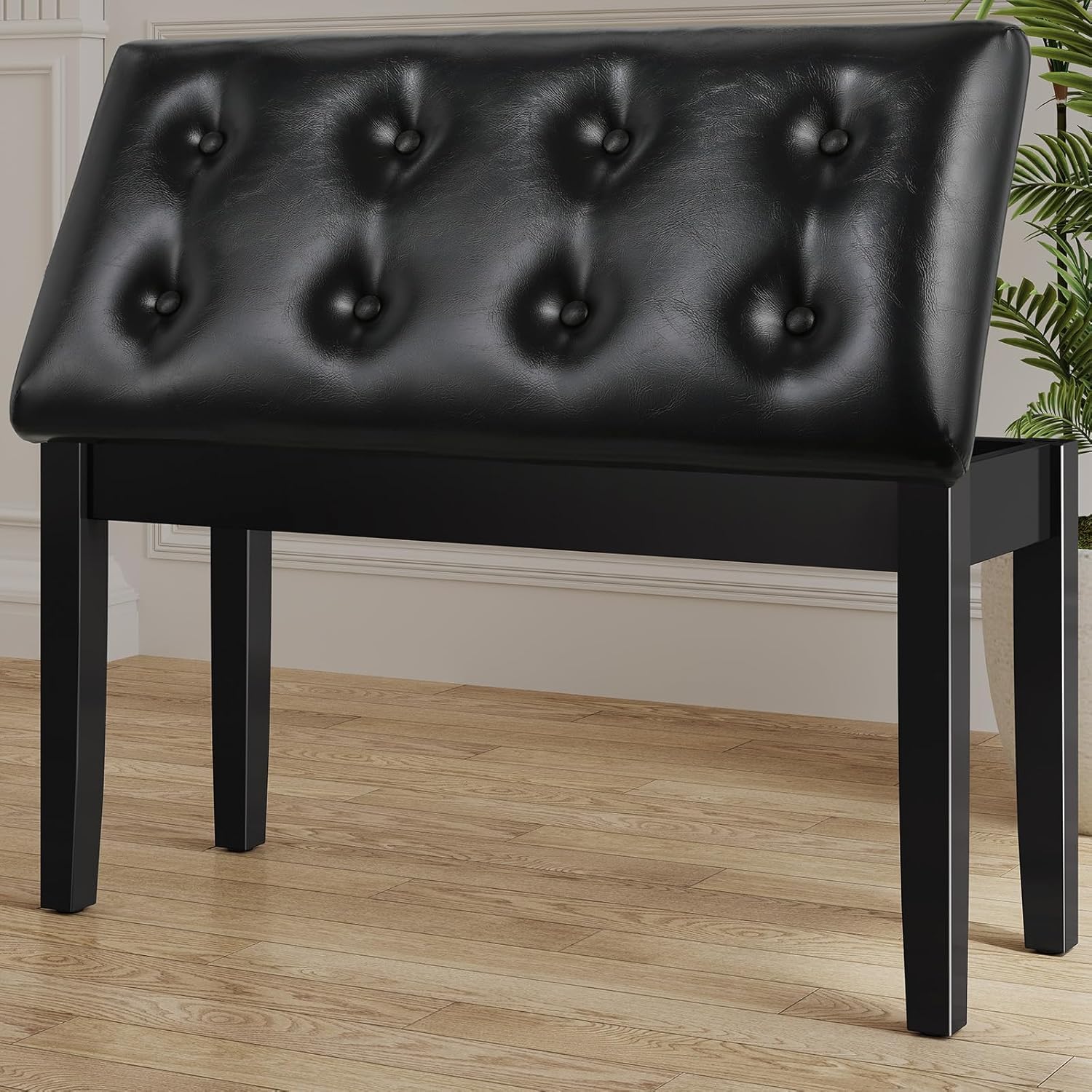 Sgabello per Pianoforte, 75x35x49CM, Panca Pianoforte con Spazio di Archiviazione, Sedia Pianoforte con 4CM Cuscino in Pelle PU, Gambe in Legno Massello, Sgabello Pianoforte Carico Massimo 200KG, Nero