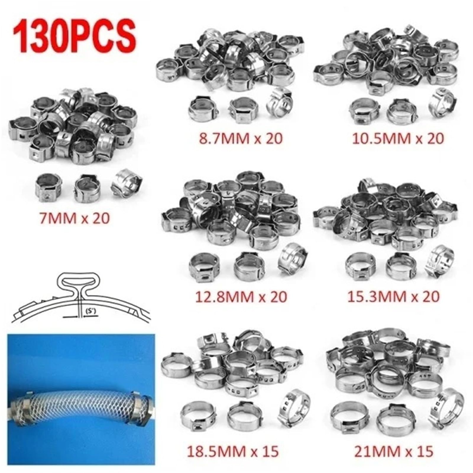 Colliers De Serrage En Acier Inoxydable 130 pièces colliers de serrage 5.8-21mm 304 anneaux de serrage de tuyau en acier inoxydable ou 1 pièce pince de serrage de collier de serrage(7 inches)
