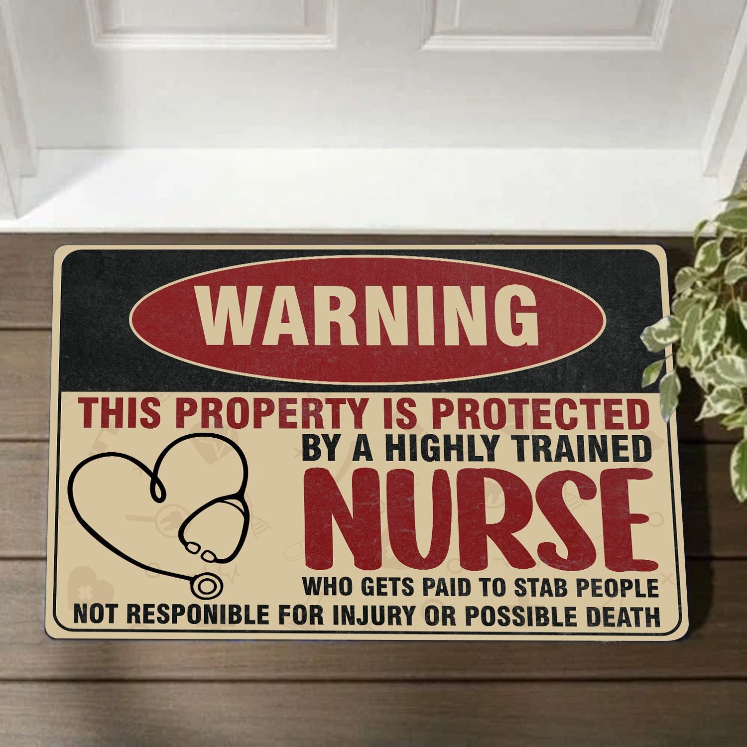 Ensound Warning - Nurse Doormat,Nurse Lives Here Doormat,Funny Nurse Rug,Mat Gift for Nurse Lover,Housewarming Gift,Welcome Indoor Mat 36x24 Inch