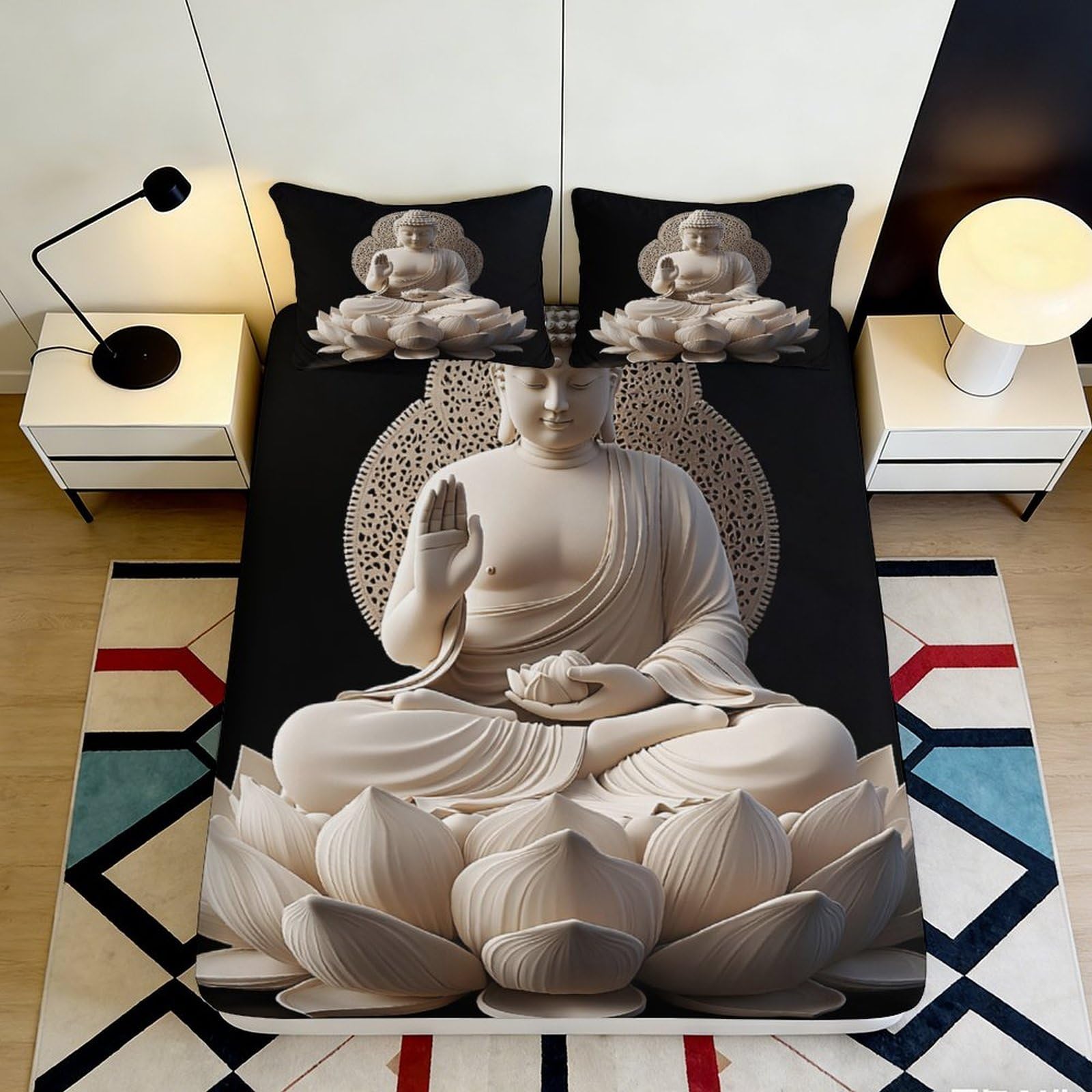 3D Printed Buddha Statue Fitted Sheet Microfiber Soft Lotus Bed Cover for Bedroom Guest Room Decor Protection 90x200x25cm