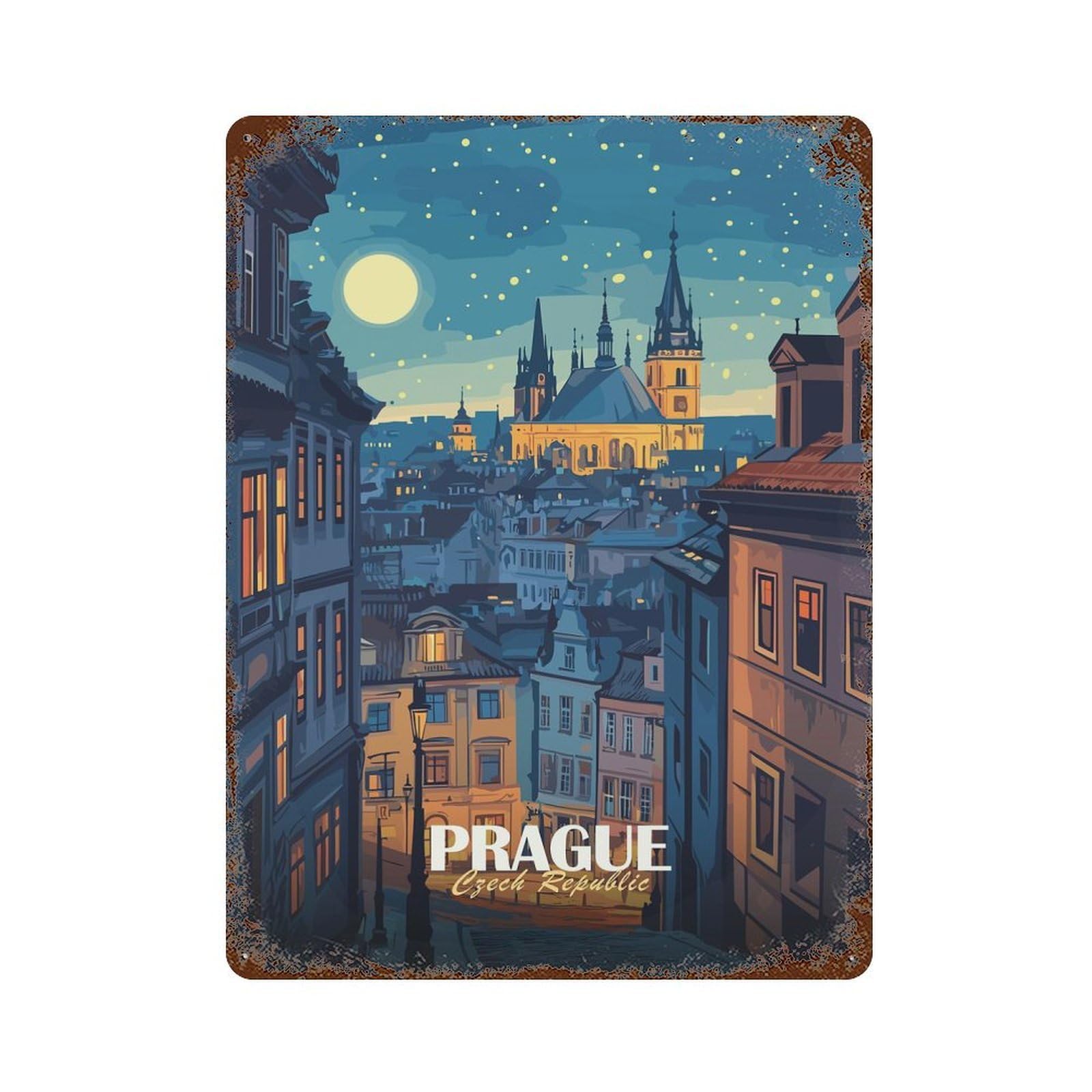 Prague Czech Republic Night Cityscape Vintage Rust Metal Sign 15.7"x11.8", for Basement, Hobby Room And Garage Decor, Farmhouse Wall Decor