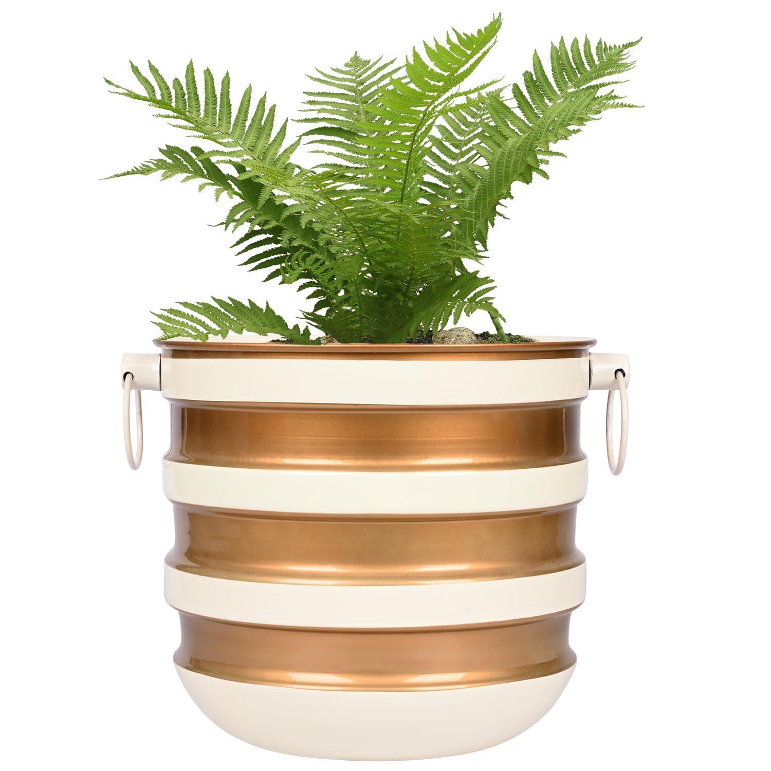 ORILEY 34x27cm Metal Flower Pot Round Deep Grooved Succulent Heavy Duty Planter for Home Office Indoor Outdoor Balcony Garden Plants Modern Gamla Decor (Pack of 1, White Stripes On Golden) (B0D4727VKK) Amazon Price History, Amazon Price Tracker