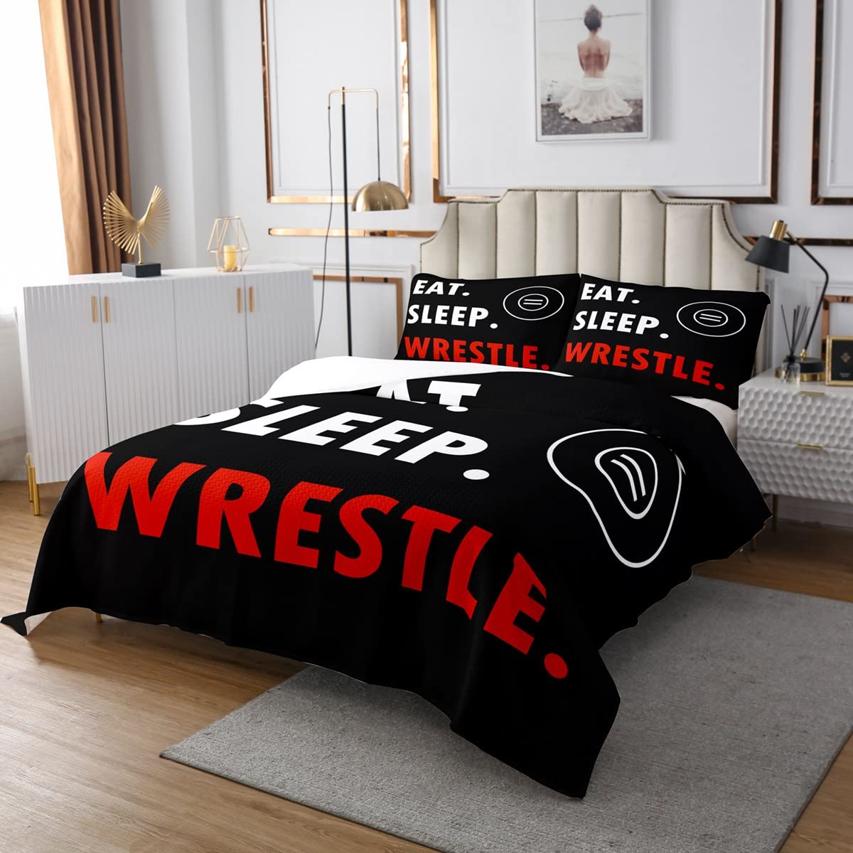 Wrestling Sports Quilt Bedding Set Queen Size,Eat Sleep Wrestle Themed Bedspread Coverlet for Girls Teens,Wrestle Rodeo Black Red Soft Polyester Quilt Set, All Season