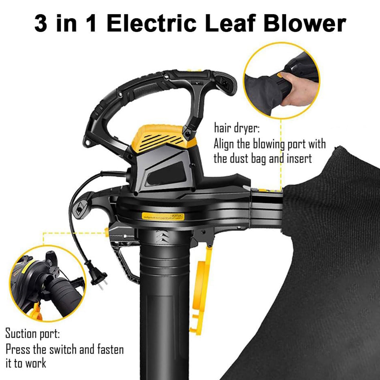 Soplador de hojas eléctrico 3 en 1, 3800 W, soplador y triturador de hojas para jardín con bolsa recolectora de 40 L, relación de trituración de 16:1, triturador de jardín para soplar hojas, escombr