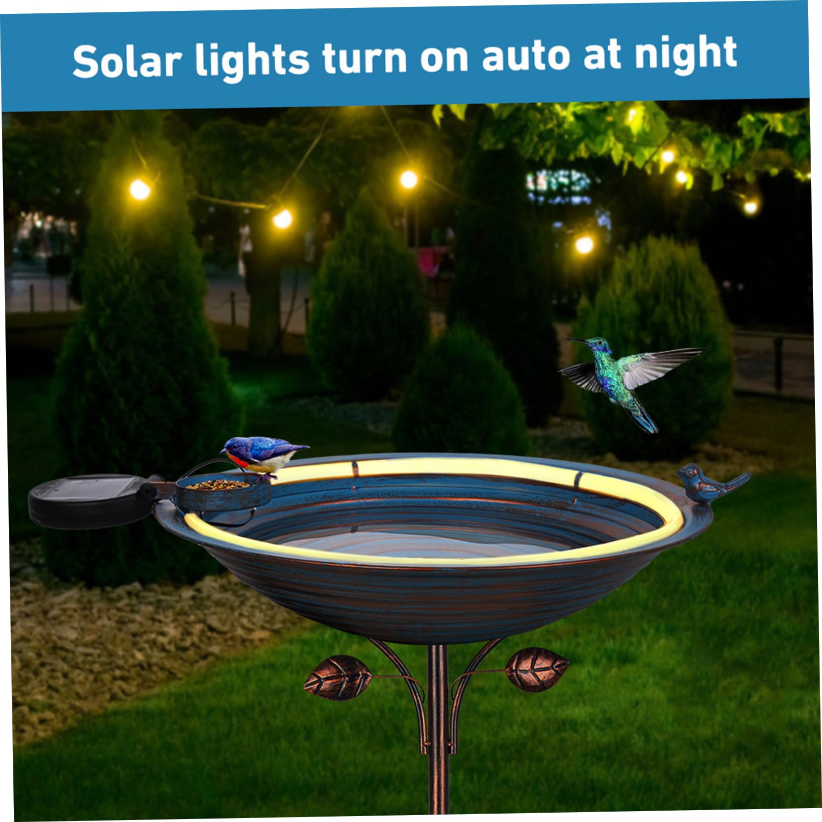 Abbeveratoio per uccelli ad energia solare, fontana per uccelli da 38,1 cm, con luci a LED, vasca per uccelli da giardino con fontana per esterni
