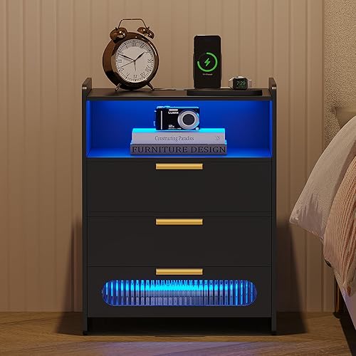 Miniatura 9 de dnbss Mesita de noche con estación de carga, mesita de noche LED con 3 cajones y almacenamiento de 2 niveles, mesa auxiliar de cama para dormitorio,