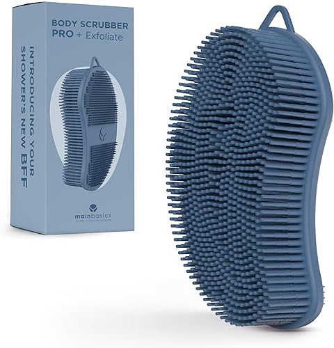 Miniatura 1 de MainBasics Exfoliante corporal de silicona profesional 2 en 1 para cuidado corporal, esponja de silicona para lavado corporal (azul oscuro, cuerpo +