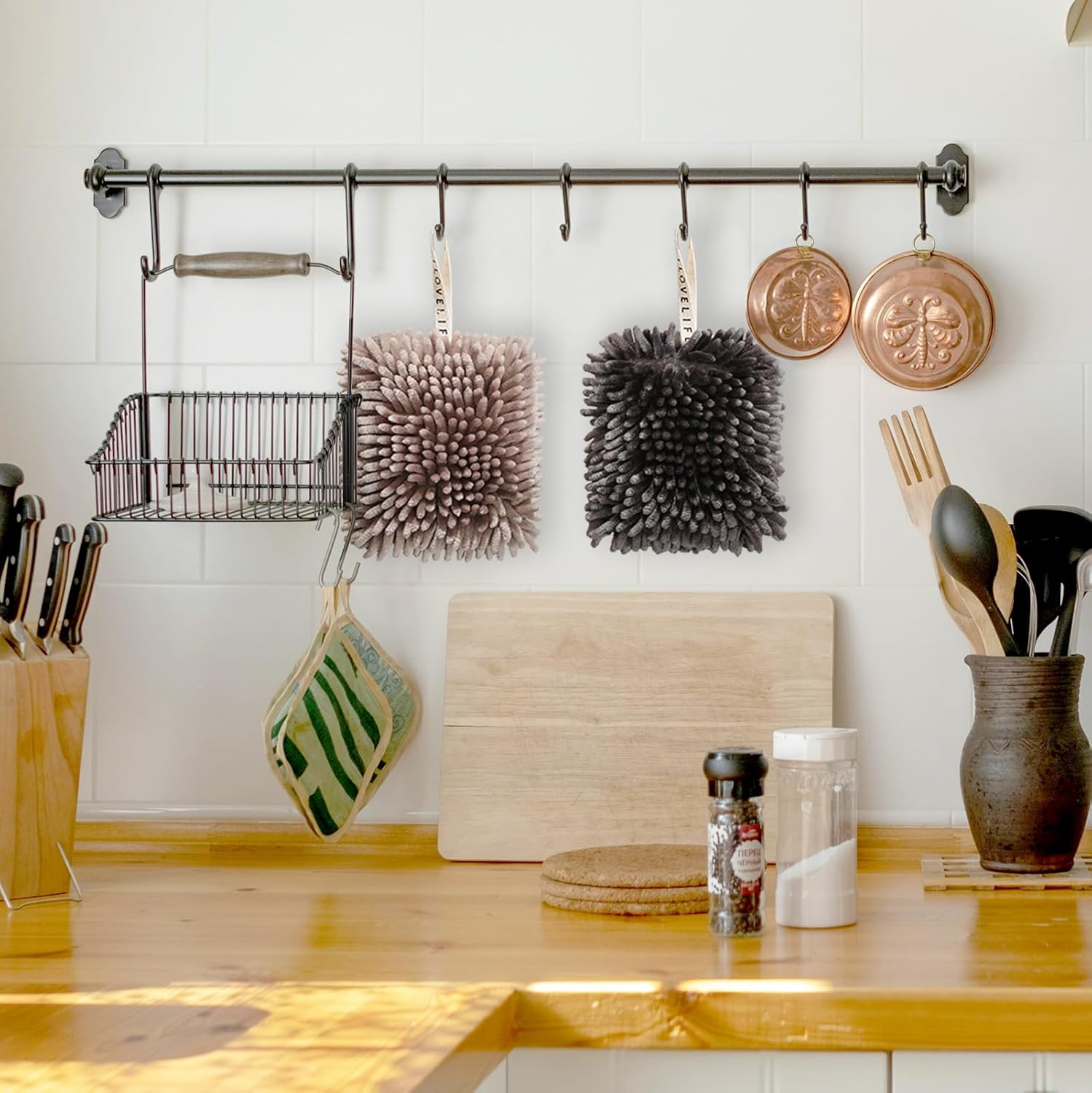 Fuzzy Ball Hand Towel Set of 4 Hanging Chenille Puff Ball Hand Towels Super Absorbent Quick Dry Hand Soft Fluffy Ball Towel for Bathroom Kitchen (Coffee+Grey)