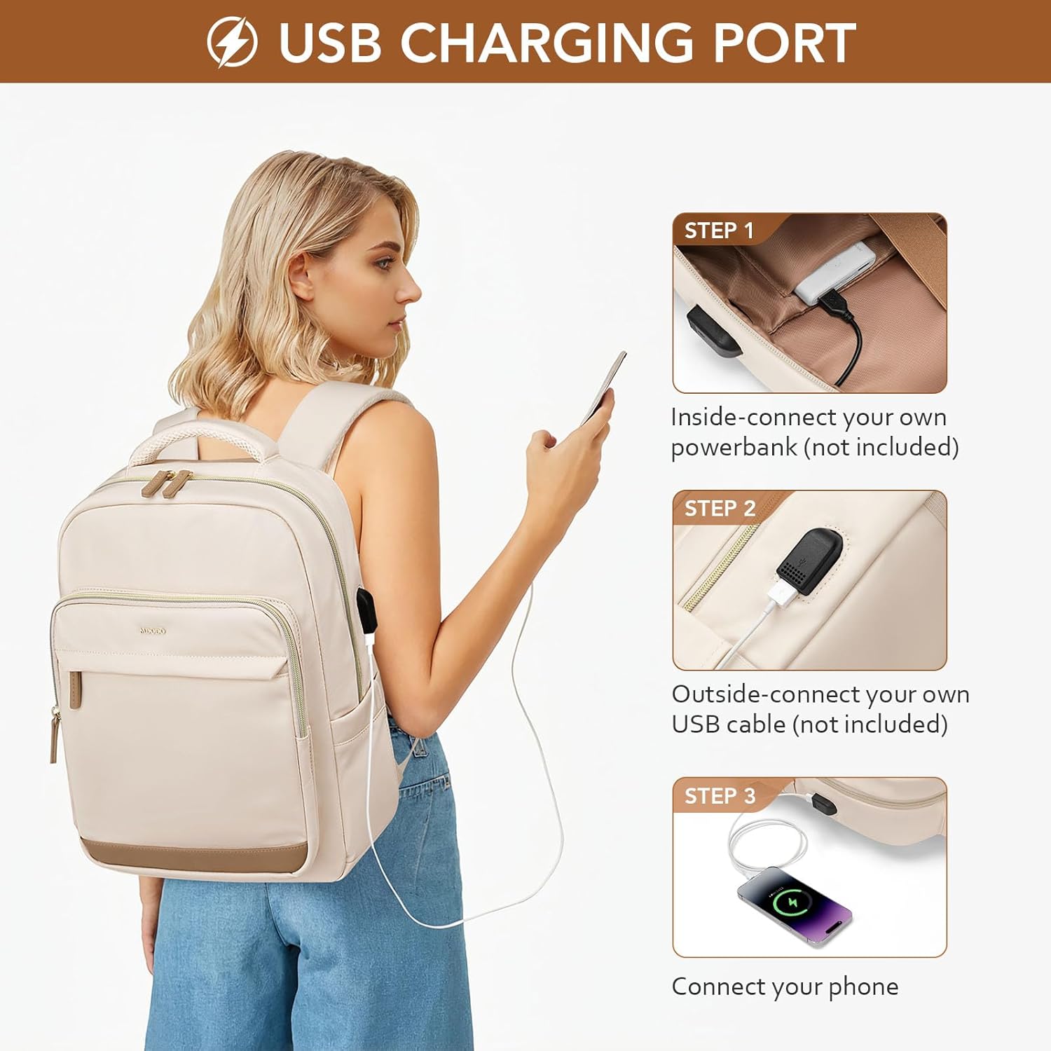 Laptop Backpack for Women,Travel Backpack with Laptop Compartment,Casual Daypack College Bookbag Computer Work Backpack,Beige