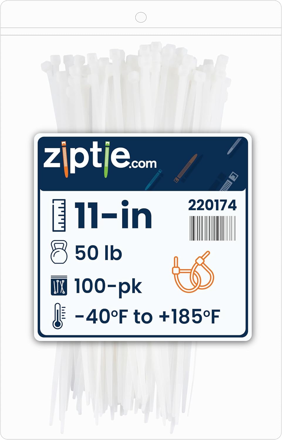ZipTie.com 11-Inch Natural Nylon Multi-Purpose Zip Ties - 50-lb Tensile Strength Cord Management - UL 21S Listed Tie Wraps - Indoor Multi-Purpose (100-Pack)