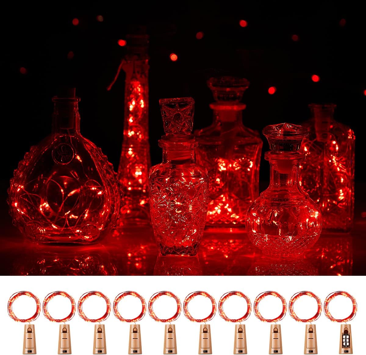 Ariceleo Wine Bottle Lights with Cork 10 Pack 20 Led 60 Pre-Installed Mini Red Copper Wire Fairy String Light Battery Operated for DIY Party Table Christmas Halloween Wedding Décor(Red)