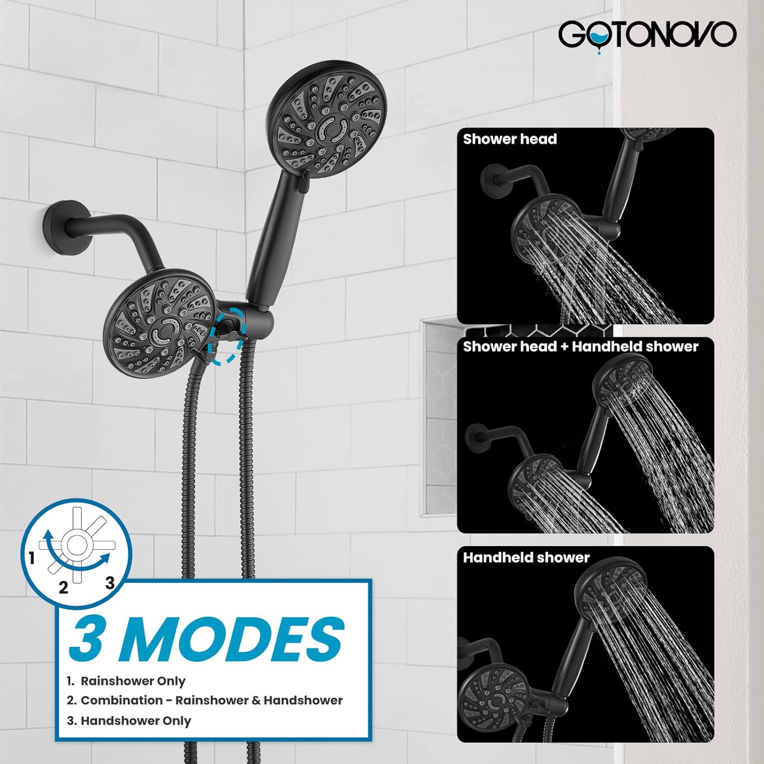 gotonovo Dual 2 in 1 Shower Head Kit High Pressure Combo System Shower Faucet 6 Modes ABS Handheld Spray Shower Trim Kit with Valve Shower Head and Handle Set Matte Black - Image 4