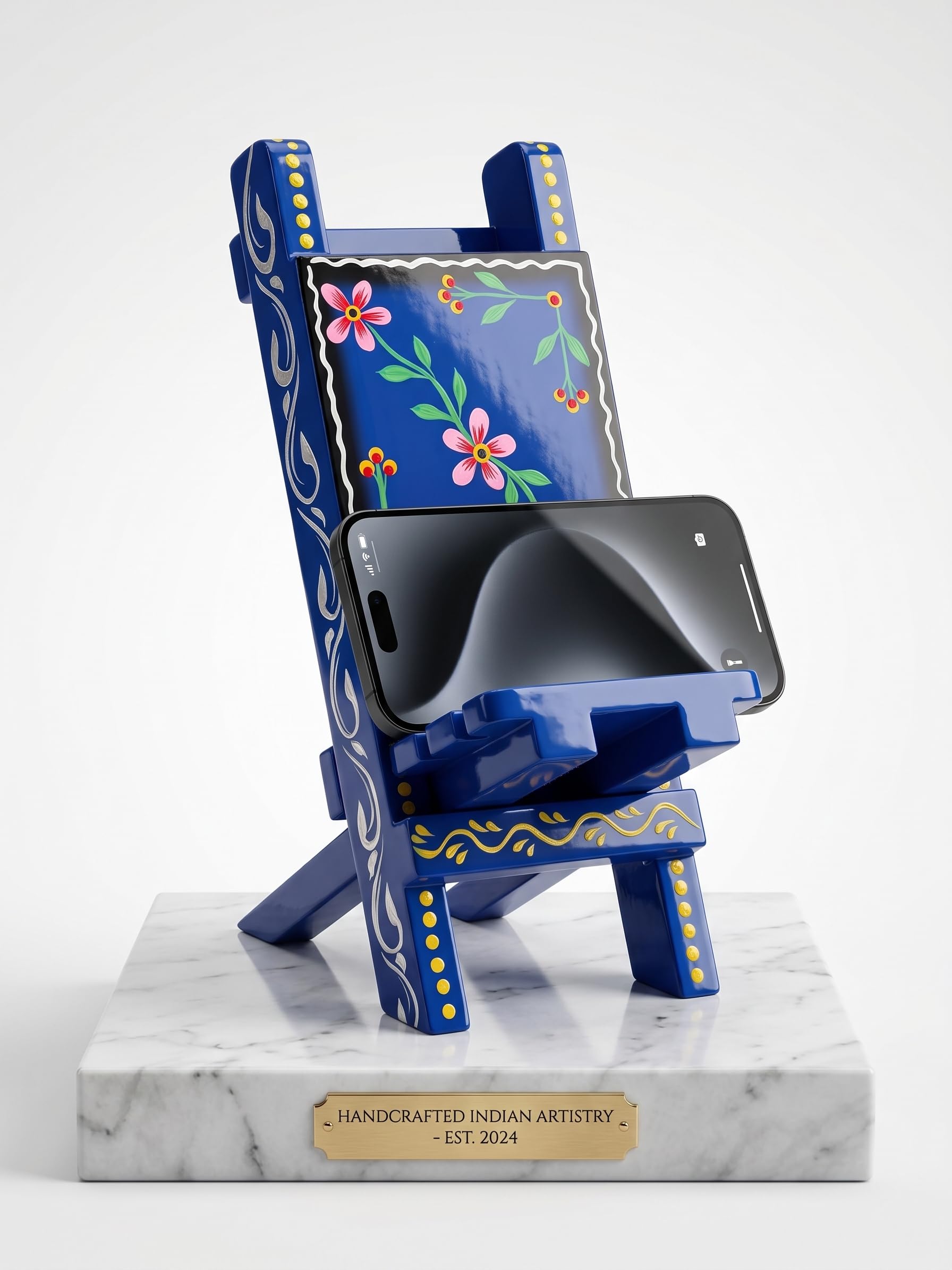 Handcrafted Wooden Mobile Stand for Desk – Traditional Varanasi Lacquer Art FLORA Design Phone Holder | Foldable Wooden Phone Stand for Video Calls, Study Table, Office Desk & Home Décor (BLUE)-image-8