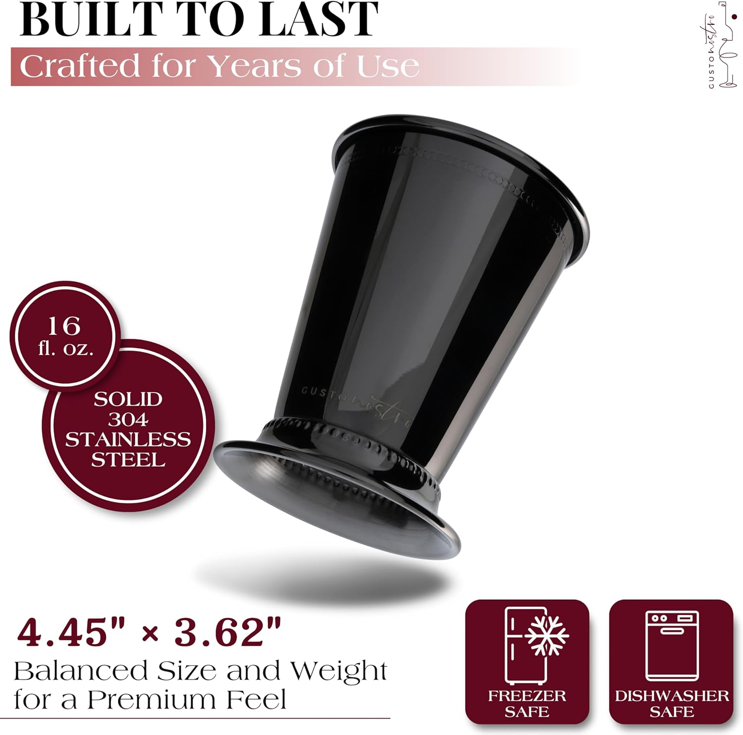 Gusto Nostro Mint Julep Cups Set of 2 - Stainless Steel Julep Cup Kit with Straws, Muddler, Spoon, Recipes, Vases - Southern-style Cocktail Glasses for Home Bar - Stainless Steel Cocktail Cups (Black)