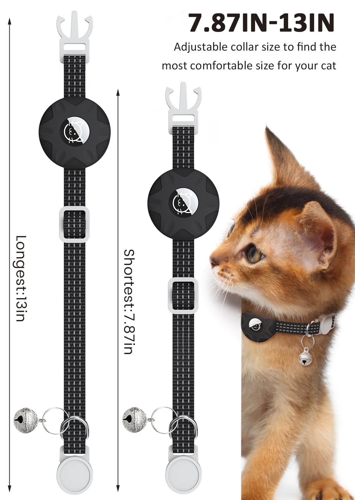 AirTag - Collar reflectante para gato, collar de gato Apple Air Tag, collar de gato GPS con soporte para AirTag y campana, collares de gato ligeros para niñas, niños, gatos, gatitos, cachorros (negro)