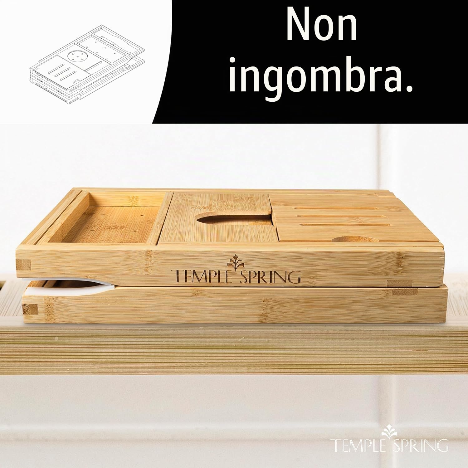Temple Spring Vassoio da Bagno Pieghevole, Mensola in Legno Estensibile per Vasca, Tavola Spa per Adulti, Caddy da Vasca, Set Accessori Bagno in Bambù – Naturale