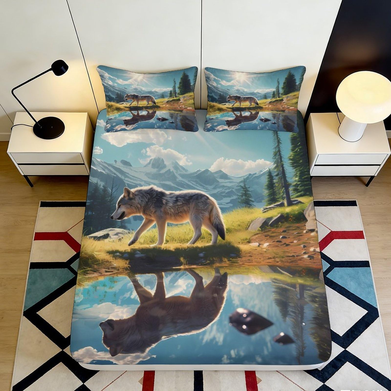Jqzkxnhpbr Style-6 3D Printed Wolf Reflection Fitted Sheet Microfiber Soft Breathable Forest Lake Bed Cover For Bedroom Dorm Decor 90X200x25cm