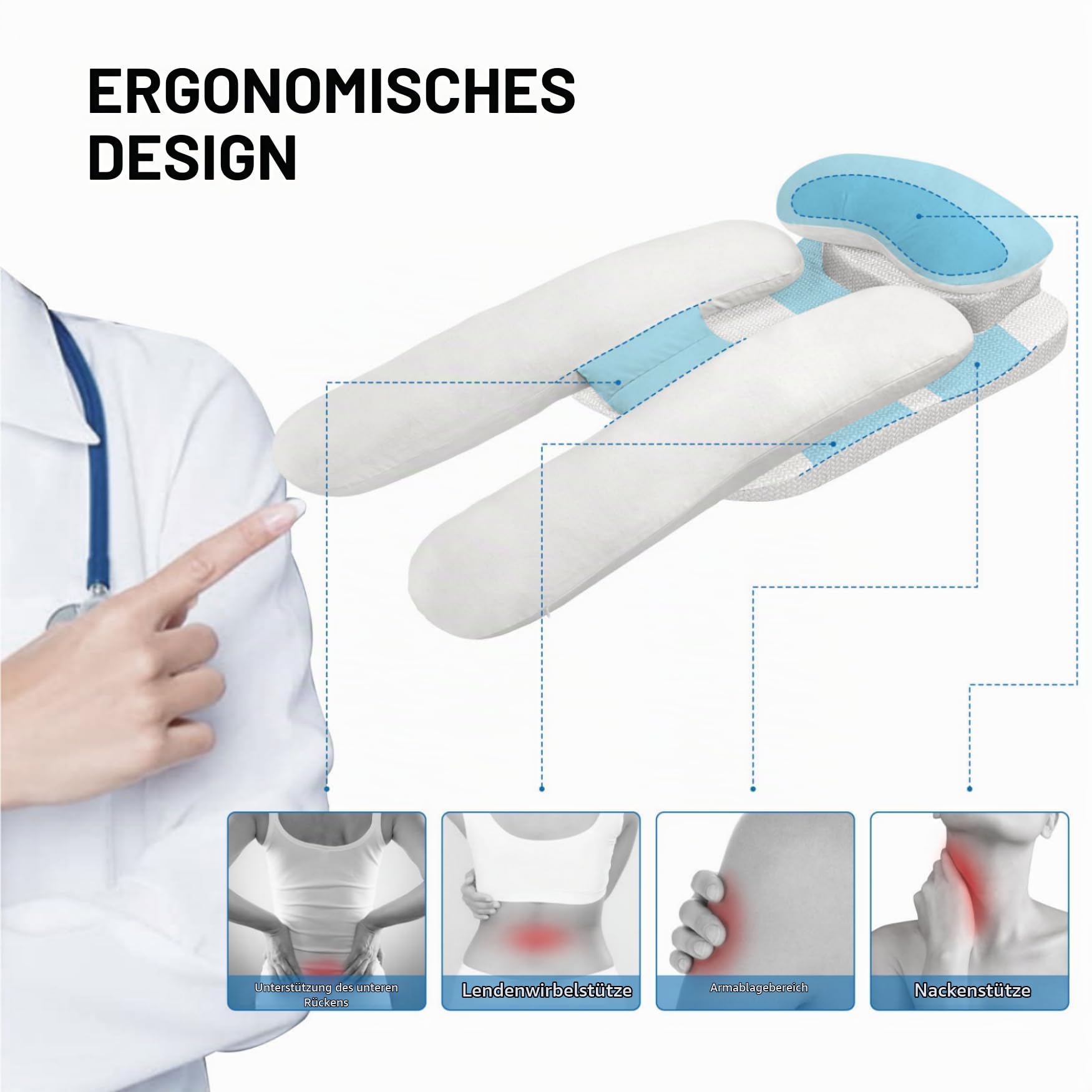 Seitenschläferkissen zur Schmerzlinderung der Schultern, Lagerungskissen für Erwachsene Seitenschläfer, H-förmiges ergonomisches Kissen für GERD, Nacken und Rückenstütze, Waschbarer Bezug (Weiß)