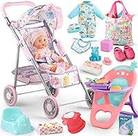 Vista 1 de Juego de Cochecito de Muñeca Bebé con Muñeca Bebé de 12.5", Silla de Comedor, 2 Juegos de Ropa y 20 PCS Accesorios para Muñecas. Juguete