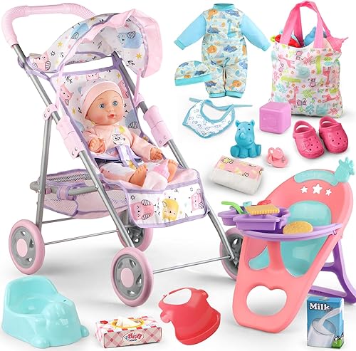 Juego de cochecito de bebé con muñeca de bebé de 12.5 pulgadas, silla de comedor, 2 juegos de ropa y 20 accesorios para muñecas. Juguete de