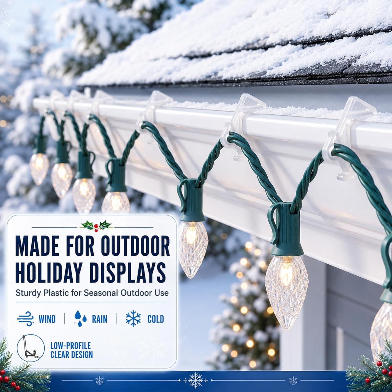 Yalikop 50pcs Christmas Light Clips for Gutter, Shingle Plastic Hooks