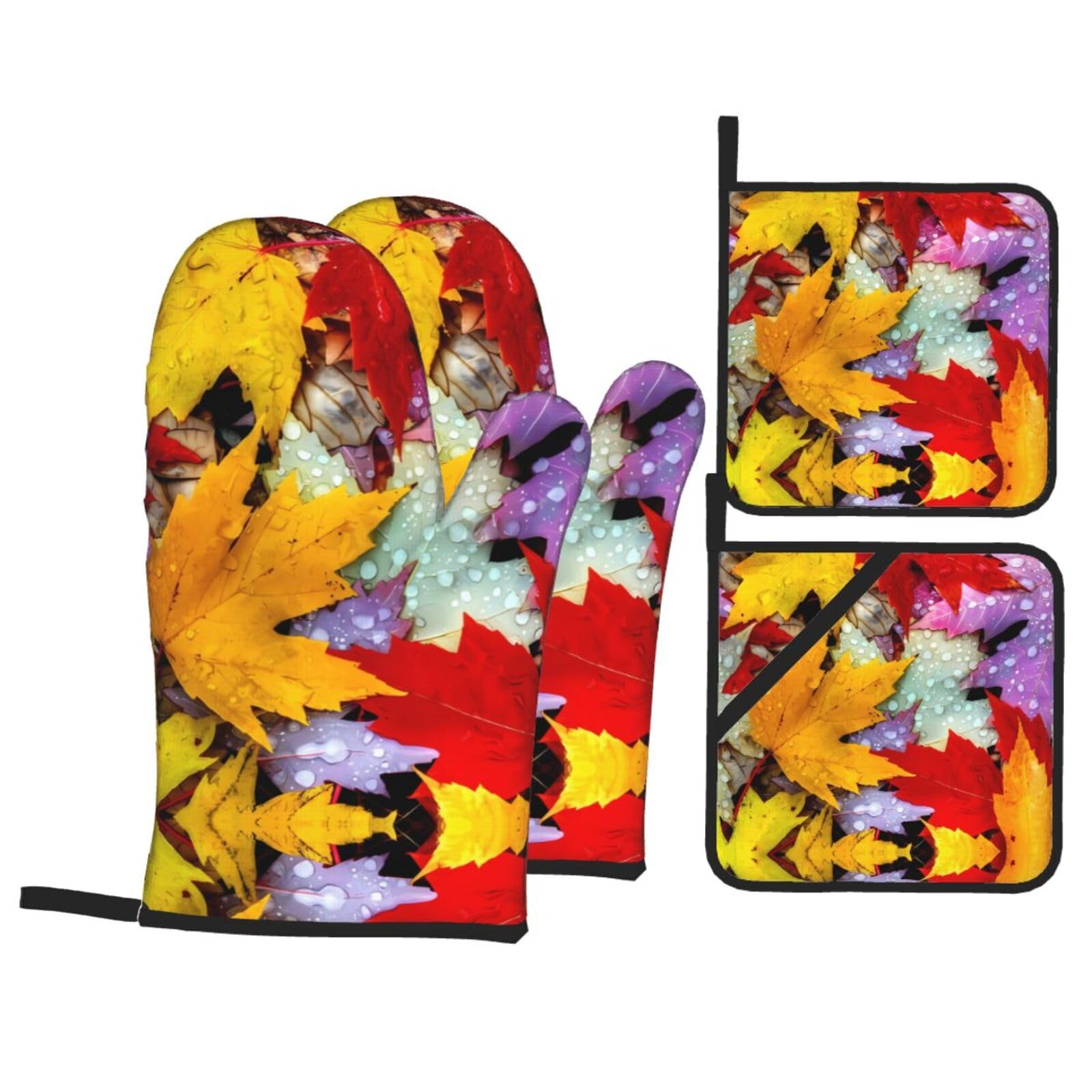 HJFCZH Autumn Leaves Maple Prints Kitchen Throw Set: Durable Oven Layers with Waterproof Polyester – 4 Piece Heat Protection System