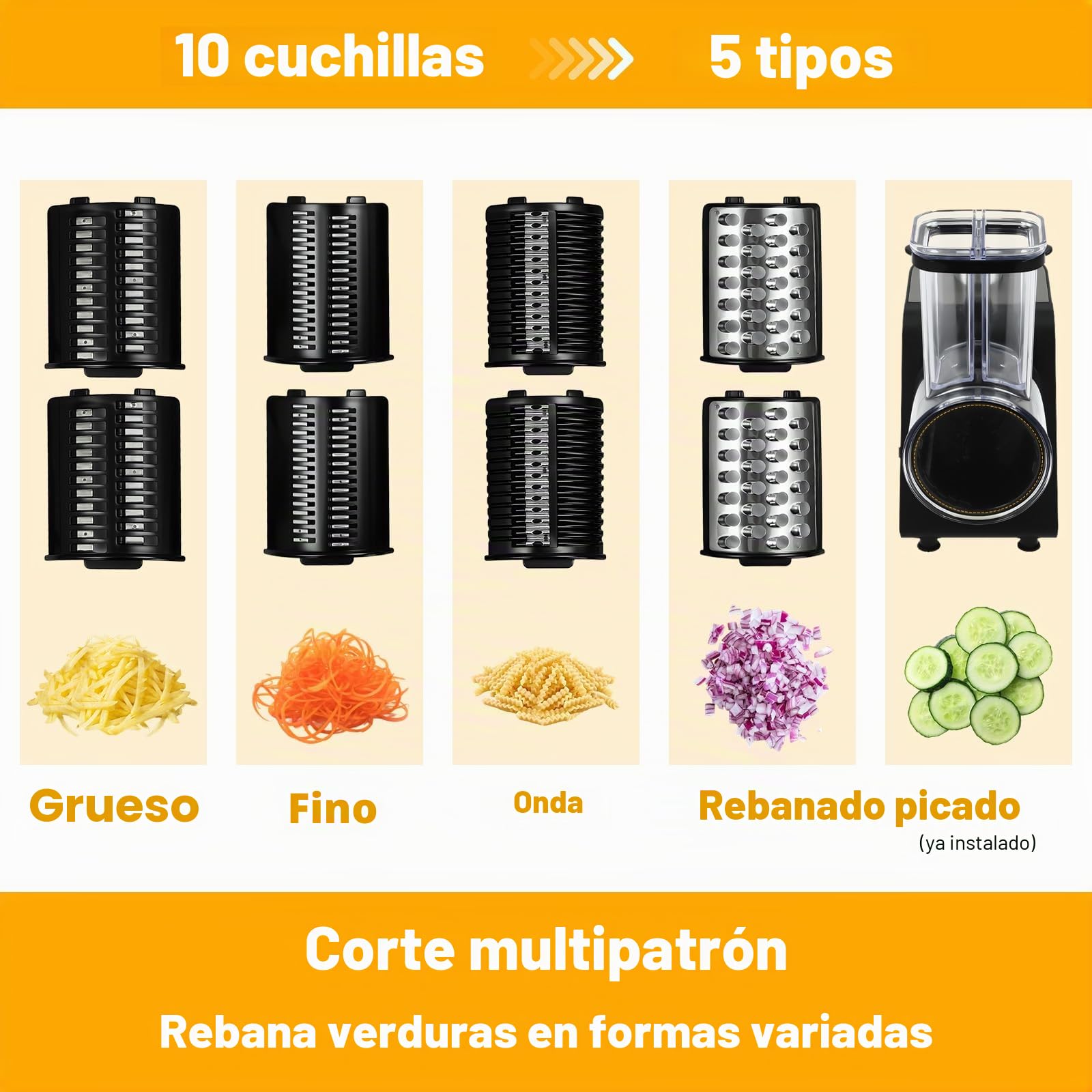 Cortador de verduras eléctrico de 1000 W, Picador, Rebanadora, con 10 cuchillas de repuesto