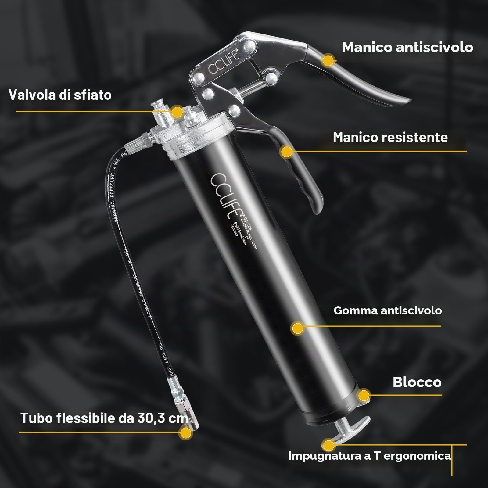 CCLIFE Ingrassatore Manuale 6000 PSI Pompa ingrassatrice professionale per cartuccia da 400 g, Tubo Flessibile, Prolunga in Metallo