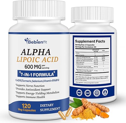 Miniatura 9 de Ácido alfa lipoico 600 mg ALA Suplemento antioxidante para nervios, energía y apoyo al metabolismo, vegano 120 cápsulas (S)