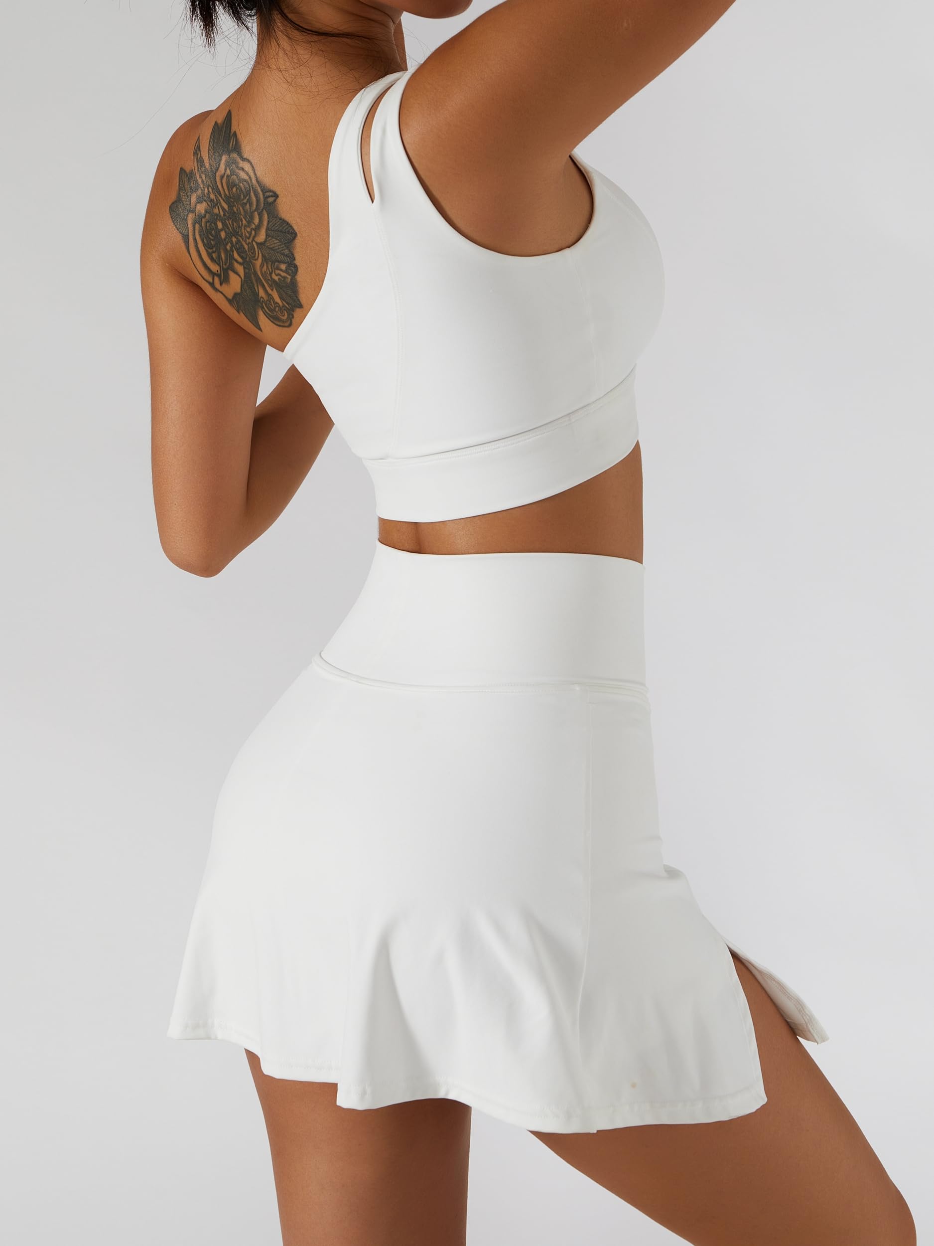 Tennis Skirts for Women with One Shoulder Sport Bra Set 2 Piece High Waisted Athletic Golf Skorts Skirt with Built in Shorts Running Workout Sports Activewear White Small