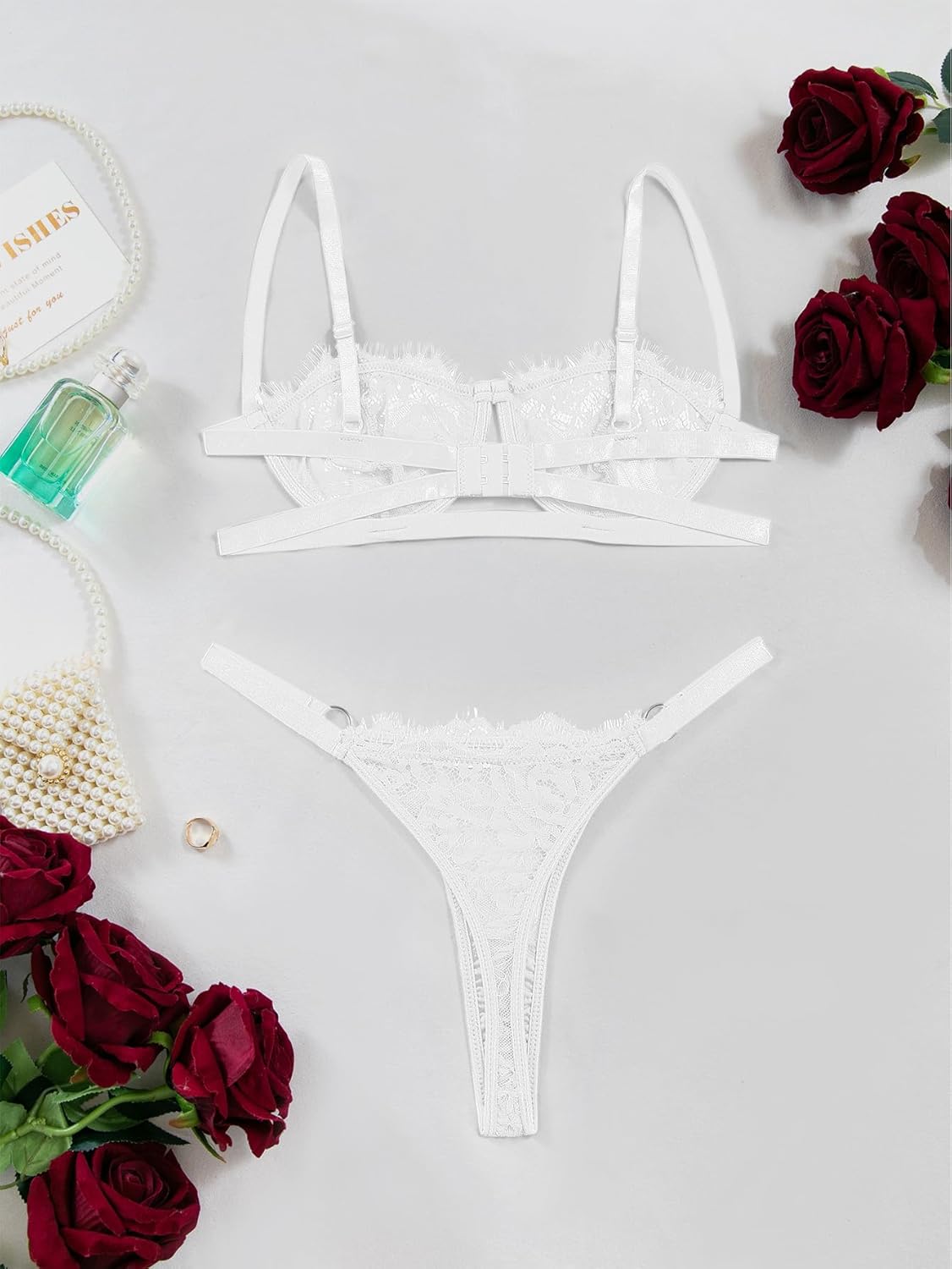 Lilosy Sexy Eyelash Underwire Floral Lace Sheer O Ring Linked Cutout Lingerie Set - Image 5