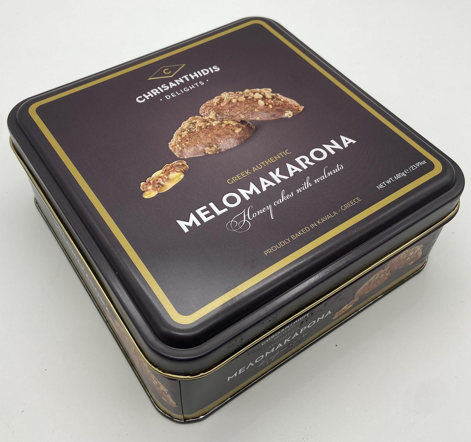 Chrisanthidis Delights Melomakarona Traditionelles griechisches Weihnachtsgebäck in Metallbox 680g Lebensmittel & Getränke