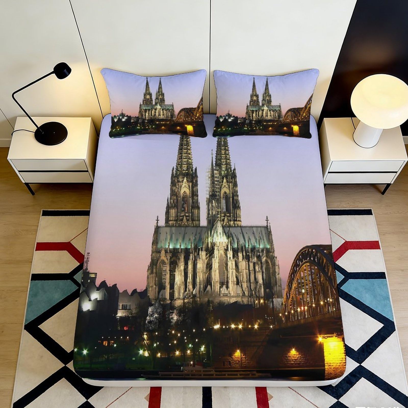 3D Printed Cologne Cathedral Fitted Sheet Microfiber Soft Bed Cover Night City Mattress Cover for Bedroom Decor 90x200x25cm