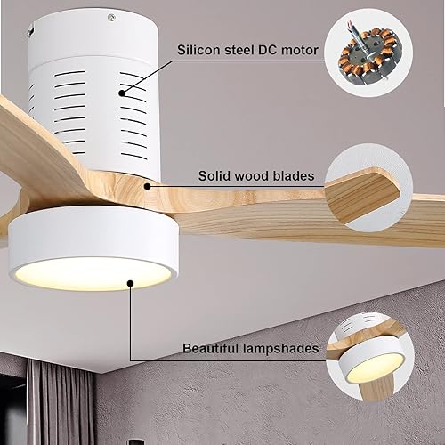 Miniatura 6 de Sofucor Ventiladores de techo de perfil bajo de 52 pulgadas con luces y control remoto, moderno ventilador de techo de 3 madera maciza de montaje