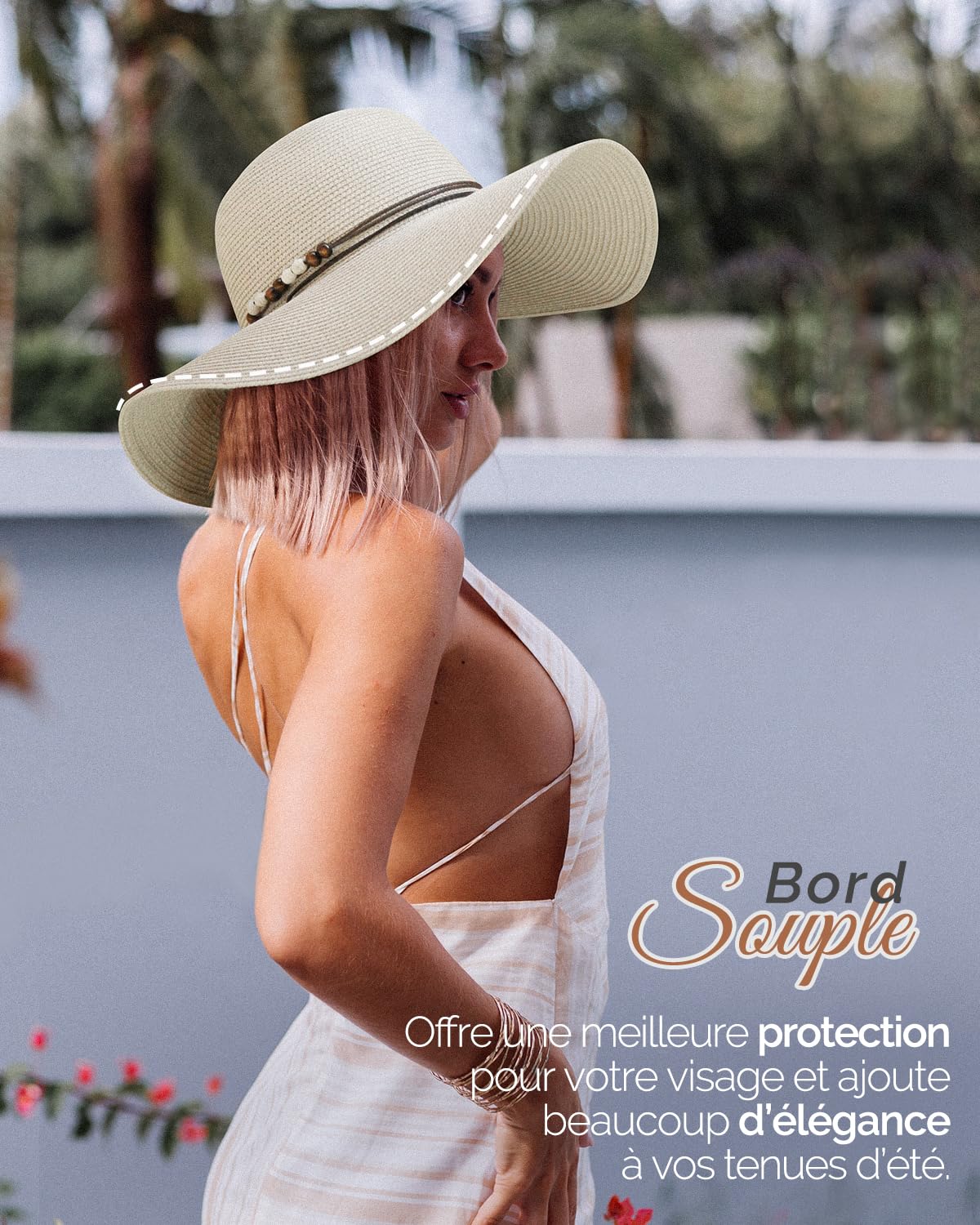 Creekstone Chapeau de Paille Soleil pour Femme à Large Bord UPF 50 Protection Solaire Pliable Chapeau Souple de Plage d'été avec Cordon Coupe-Vent