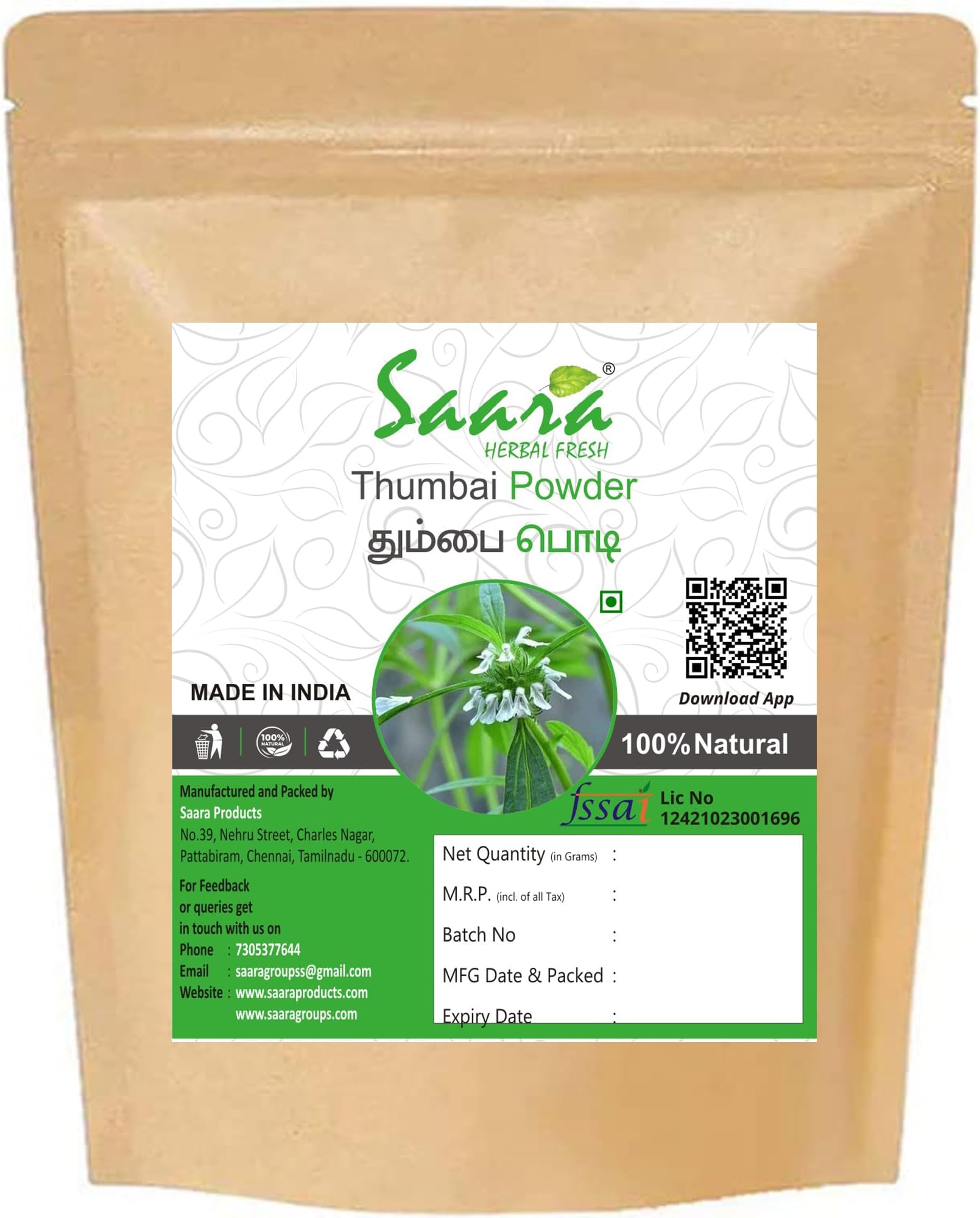 Saara HERBAL FRESH Thumbai Powder, 70g, Chhota Halkusa, Madhupati, Leucas Aspera, Tumba, Tummachettu, Dronapushpi Powder,(Pack of 1 X 70gm)