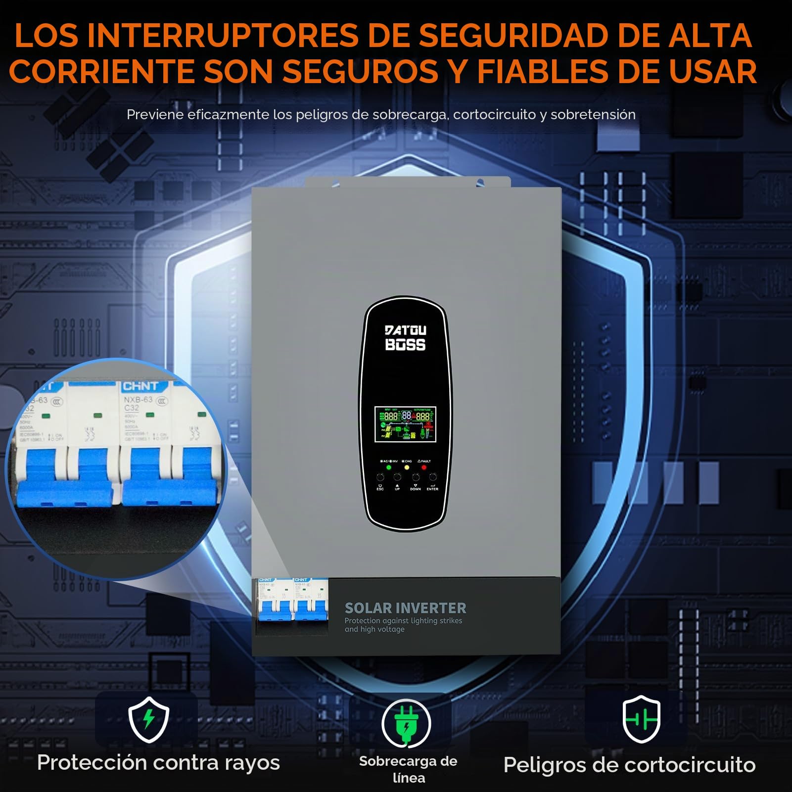 DATOUBOSS Inversor de Corriente Solar híbrido de 6000W,48V CC a 230V CA, inversor de Onda sinusoica Pura,120 A MPPT,Entrada fotovoltaica de 8000W,IP54 y admite Varias Unidades en Paralelo