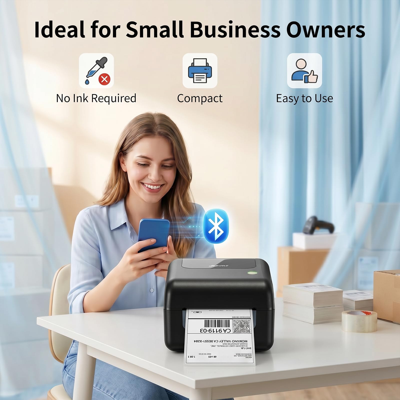 Stampante termica Bluetooth per etichette con cestino per etichette integrato, stampante wireless 4x6 per iPhone, Android, Windows e Mac, include 50 etichette, funziona con USPS, UPS, Amazon, Etsy