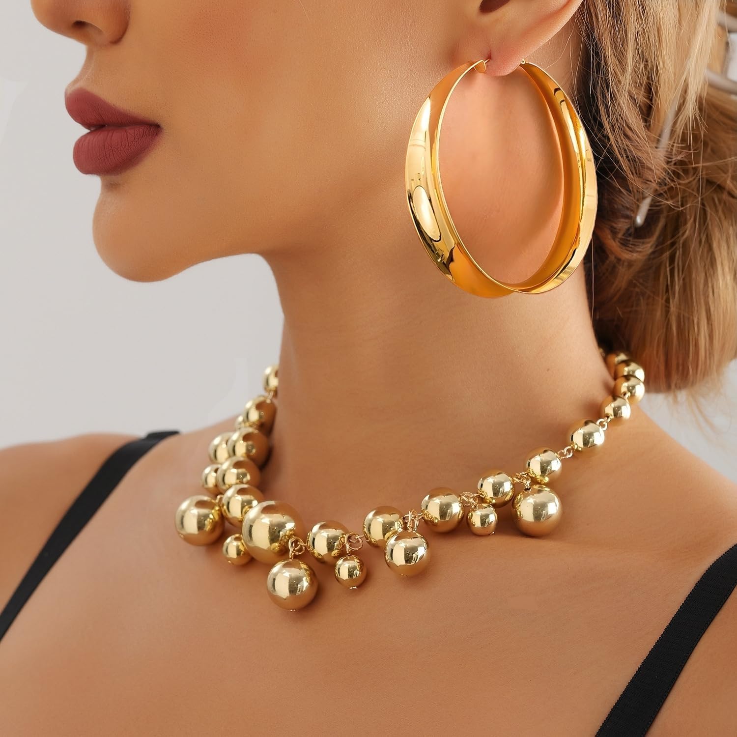 Rrdaily Gold Jewelry Sets for Women, 14K Gold Plated Statement Necklace and Chunky Large Hoop Earrings Prom Party Costume Accessories - Image 3