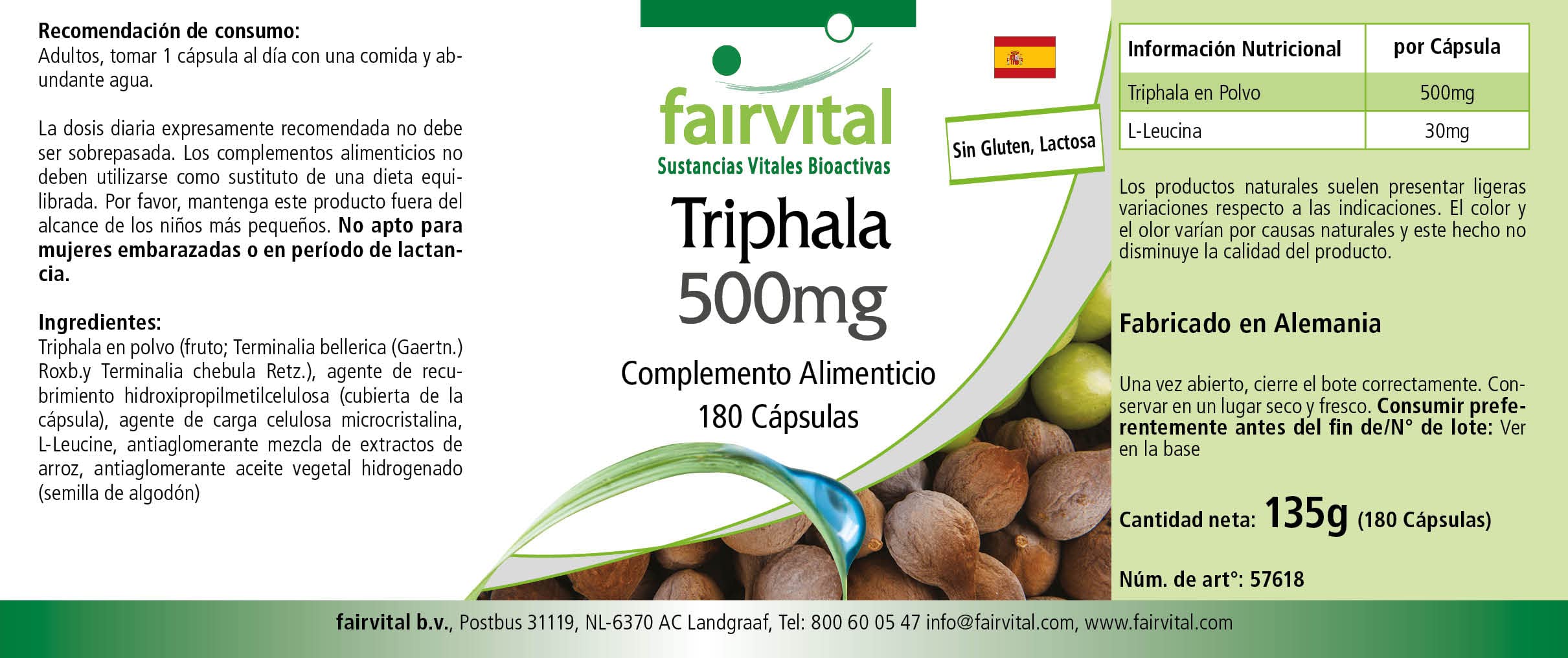 fairvital Triphala 500 mg, 180 capsule vegane, tripla frutta ayurvedica, Amalaki, Haritaki, Bibhitaki, qualità testata e ad alto dosaggio, Made in Germany